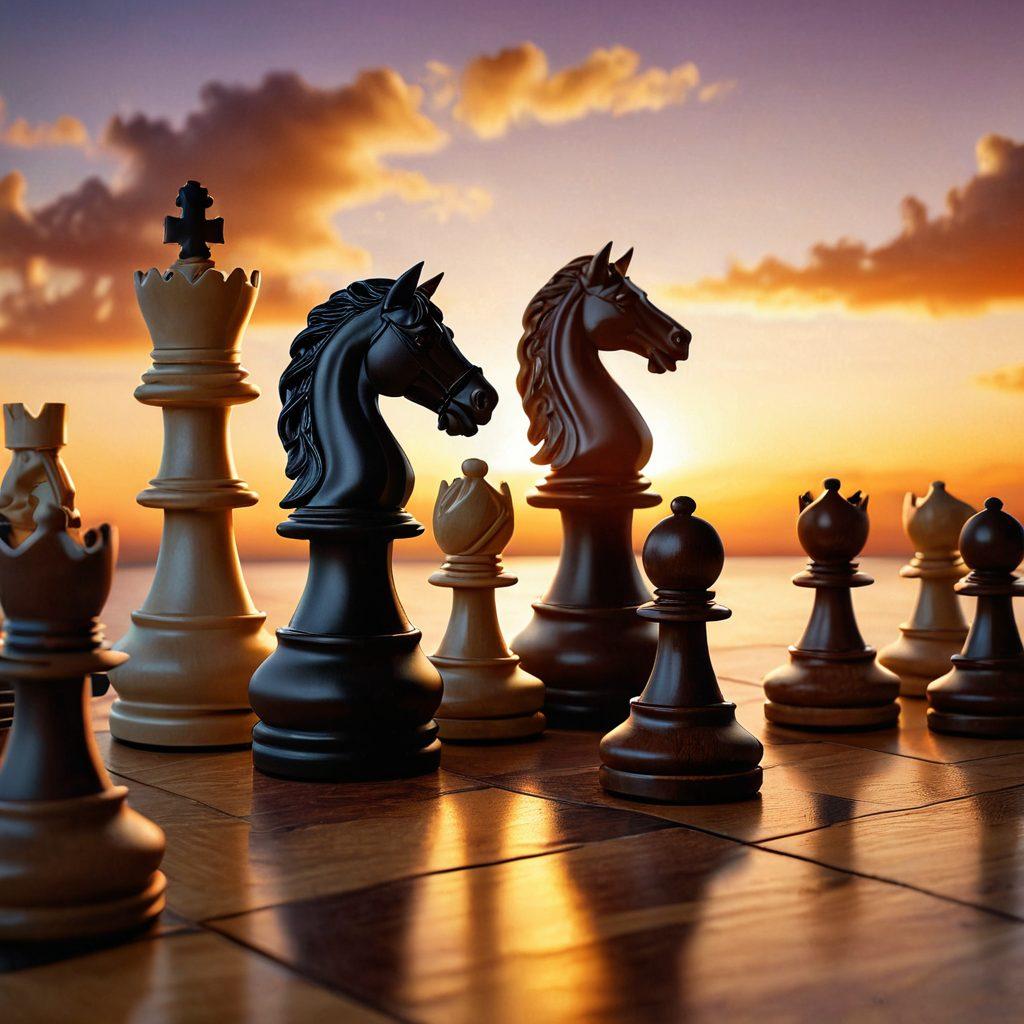 A close-up of a chessboard with dynamic pieces in motion, showcasing a vibrant sunset backdrop; highlight strategic moves like a knight jump and a pawn promotion, alongside books and tools that symbolize learning and growth in chess. Include a focus on a determined player contemplating their next move with an expression of concentration. super-realistic. warm colors. dynamic lighting.