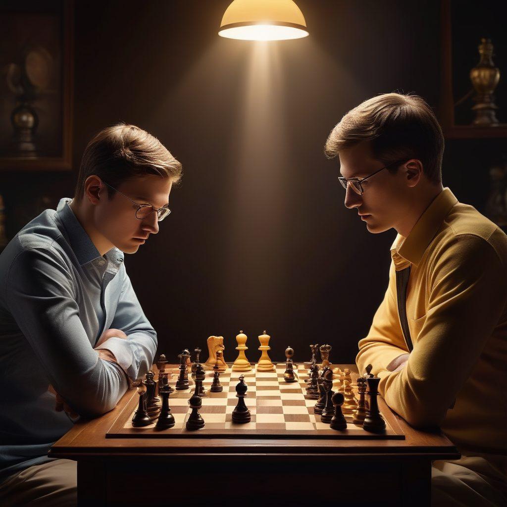 A visually engaging chessboard with a novice and an expert player deep in thought, surrounded by various chess books and digital resources. Include a glowing light bulb above the novice's head symbolizing enlightenment and a trophy beside the expert player representing achievement. The background should feature iconic chess pieces in vibrant colors. surrealistic. vibrant colors. dynamic composition.