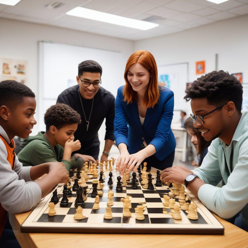 A dynamic scene featuring a diverse group of enthusiastic chess players gathered around a large chessboard in a vibrant community center. Include hands moving pieces in strategic plays while tech gadgets and digital screens showcase chess tools and resources in the background. The atmosphere is electric with excitement and collaboration. The setting should be bright and engaging, invoking a sense of community and innovation. super-realistic. vibrant colors. white background.
